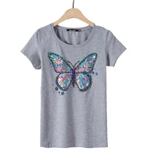 Летняя Элегантная футболка женская большая бабочка с блестками футболка женская модная новинка Топ Футболка женская одежда Сакура