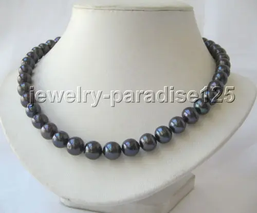 

Free Shipping >>>17" 9-10mm natural black round freshwater pearl necklace - 925 silver clasp
