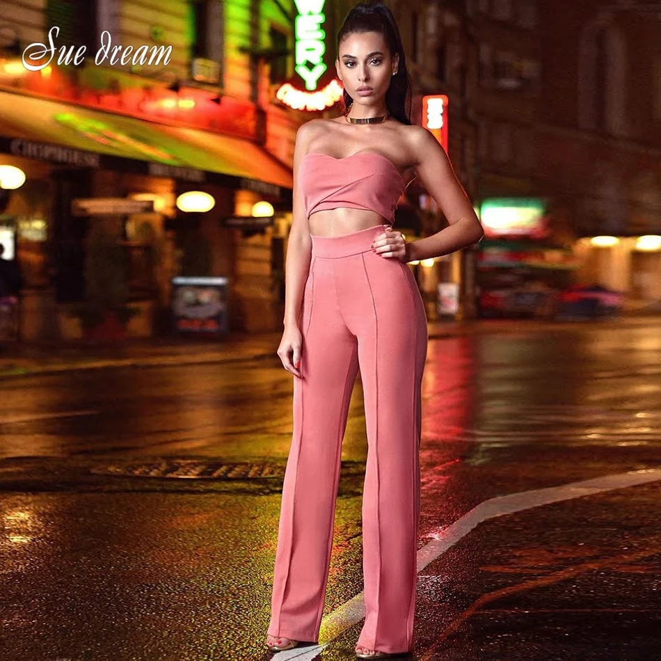 

2017 Spring sexy Pink orange Two Piece set Stretch Crepe Pantsuit High Waist Party Casual Loose Long Pants & bustier top
