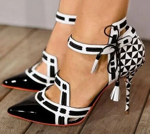 Big Size 10 Black White Gingham Tassel High Heel Shoes Contrast Colors Tie up Checkered Point Toe Pumps For Women Free Shipping Big Size 10 Black White Gingham Tassel High Heel Shoes Contrast Colors Tie up Checkered Point Toe Pumps For Women Free Shipping