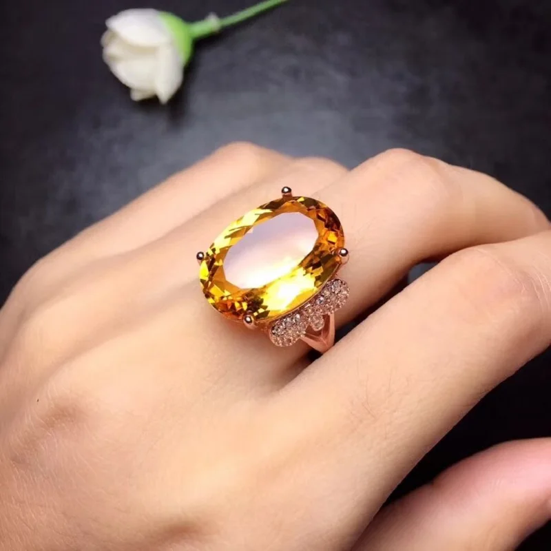 

US STOCK Tested Citrine Ring for Women, 925 Sterling Silver Wedding Jewelry, 12*16mm Gemstone with Velvet Box Certificate FJ238