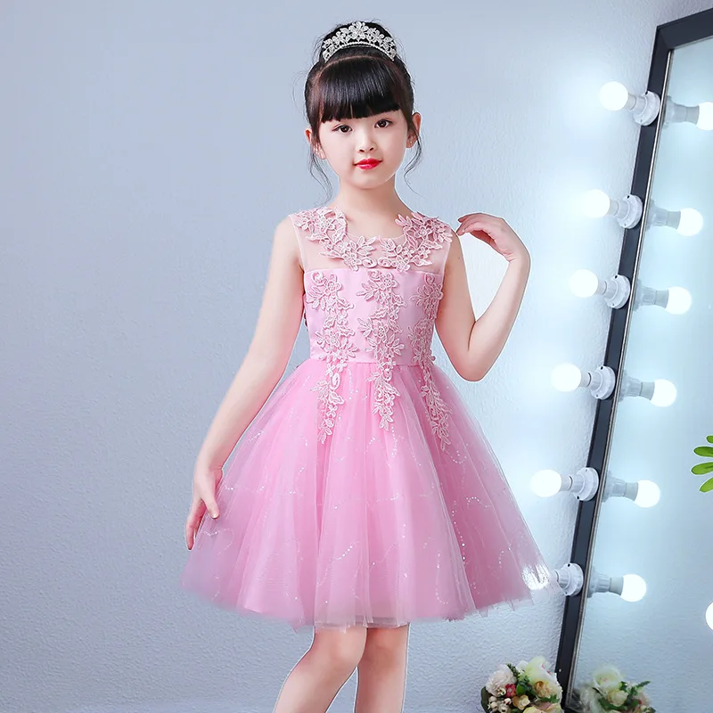 Элегантное нарядное детское летнее платье Святое Причастие вечерние платья для девочек с орнаментом из сетчатой ткани с цветочным принтом; платье принцессы без рукавов; жилет с цветочным рисунком свадебное платье