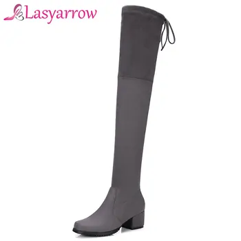 

Lasyarrow 2018 New Sexy Women Faux Suede Over The Knee Boots Chunky Mid Heel Lace Up Stretch Slim Thigh High Boots Big Size 43