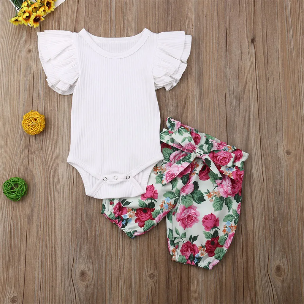 

Toddler Baby Kids Girls Solid Romper Tops Bow Floral Shorts Casual Outfits Set roupa infantil newborn clothes baby kleding