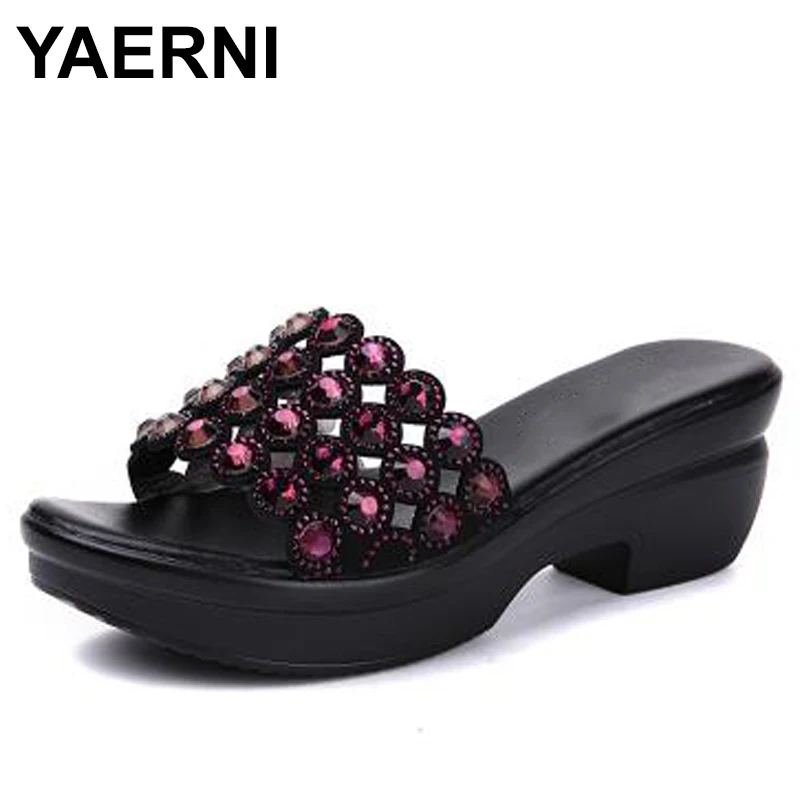 

YAERNI Rhinestone Women sandals comfortable geuine leather thick heels women's casual shoes summer sandals E602