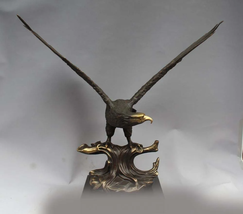 

Western Art Copper Bronze Eagle Hawk Bird Figurine Sculpture Marble Base Statue