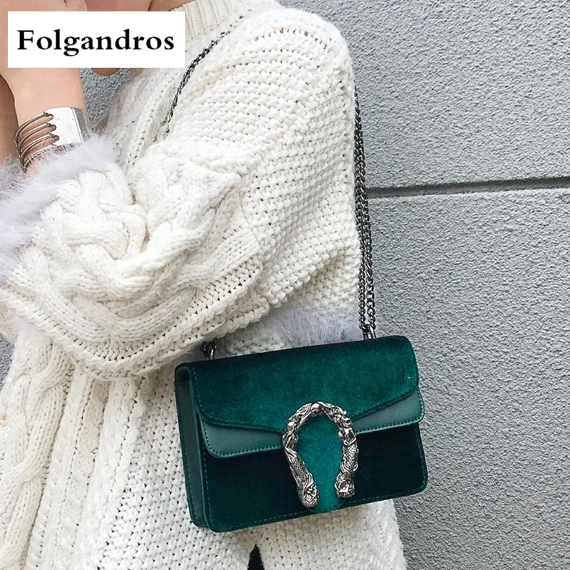 

2018 Luxury Brand Fashion Velvet Women Shoulder Bag Lady Chain Messenger Crossbody Bags Famous Designer Lock Handbag Black/Green