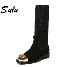 Salu/зимние сапоги до середины икры; женская обувь из натуральной кожи на платформе и среднем каблуке; теплая женская обувь; модные мотоботы