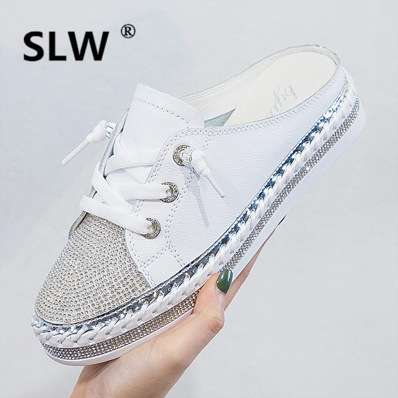 

Rubber Slippers Low Leather Slides Sandal Summer Ladies Mule Femme Water Female With Rhinestones New 2019 Sandals Flat Modis