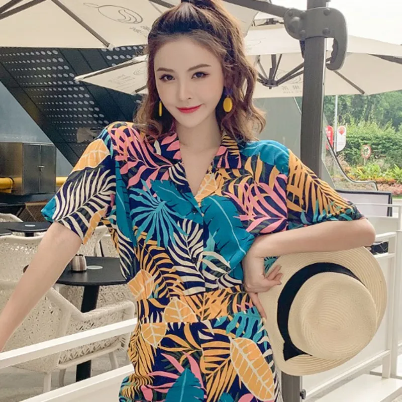 

Hawaiian Women Blouse and Tops Leaves Printed Vintage Korean Short Sleeve Casual blusas Beach Female Lady V Neck Shirts