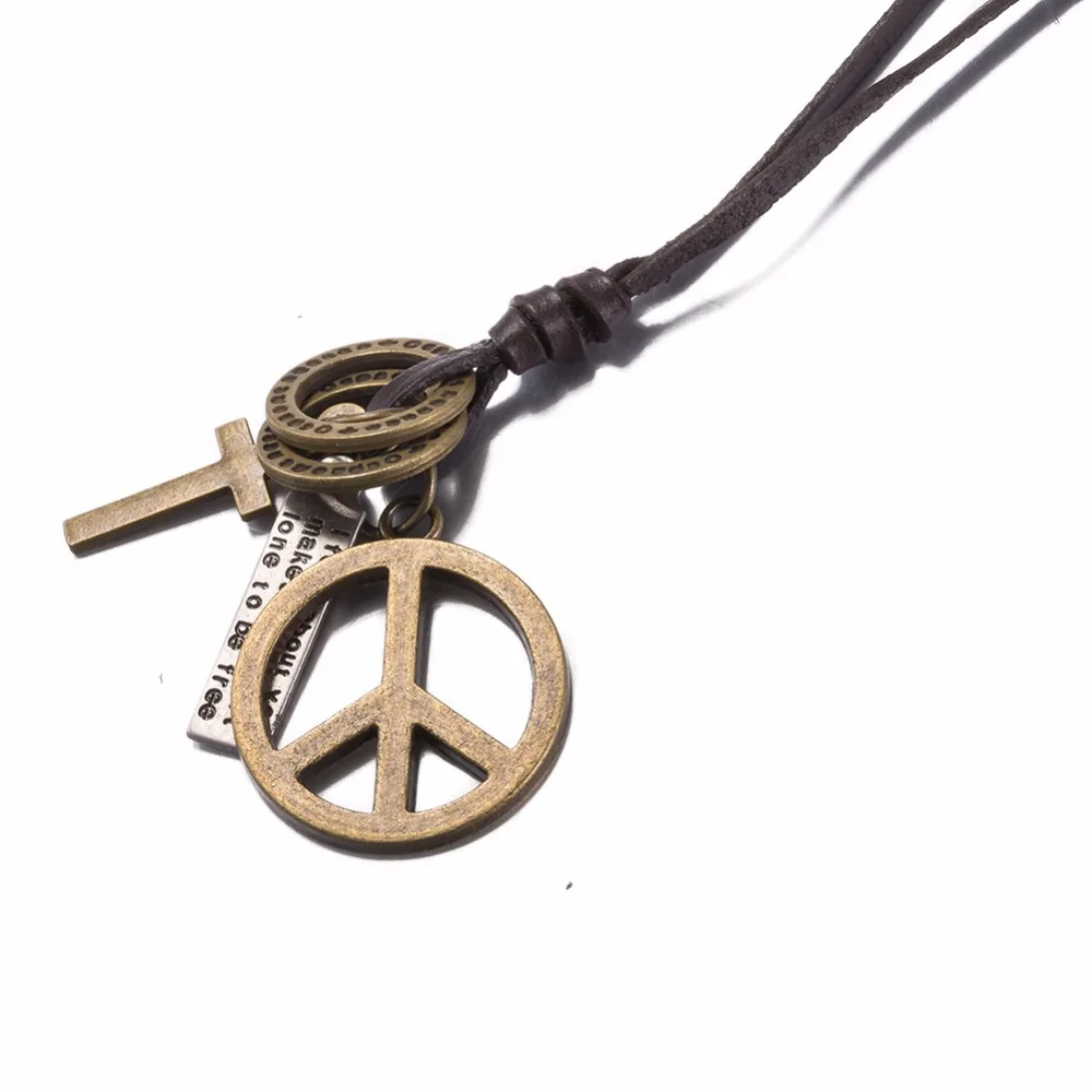 Necklaces /& Pendants Antique Vintage Cross Dog Tag Hollow Peace Symbol Pendant Necklace Men Long Brown Leather Necklace Cord Men Jewelry Accessories