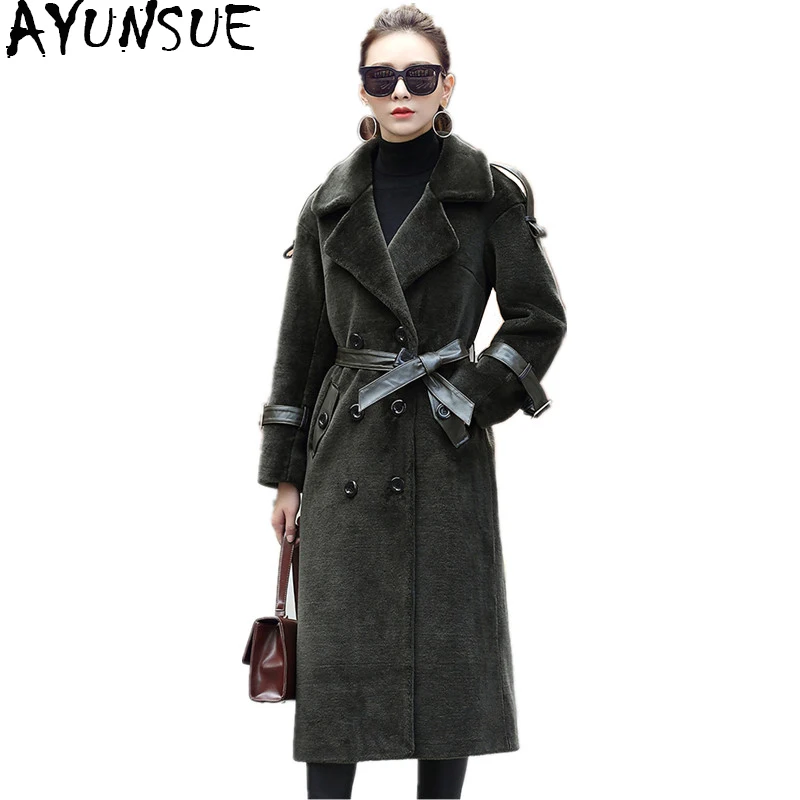 

AYUNSUE Women Sheep Shearing Coats Thick Real Wool Fur Coat Women 2019 Warm Winter Jacket Long Trench Female With Belt F-706
