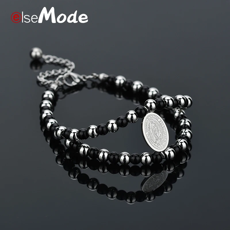 

ELSEMODE Double Layer Beads Christian Virgin Mary Bracelets Titanium Steel Silver Color for Women Girl Mother Accessories Gift