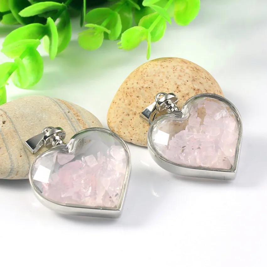 100-уникальный посеребренный романтическое сердце бутылка желаний натуральный розовый кварцевый кристалл кулон элегантные женские ювелирные изделия