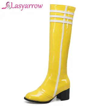 

Lasyarrow Women's Knee High Chunky Boots Sexy Motorcycle Boots Women Autumn Winter Boots Purple Patent Leather Knight Boots F265