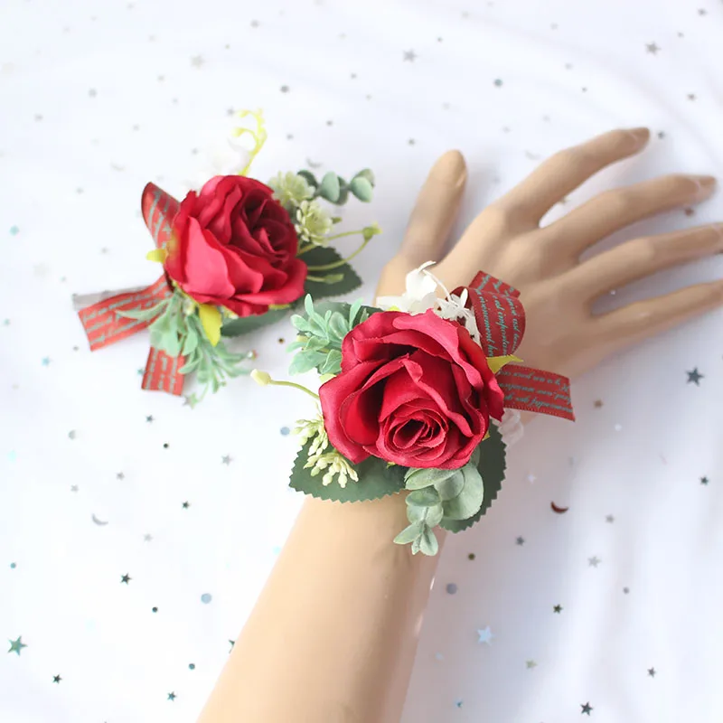 wedding wrist corsages boutonnieres bridal groom marriage pink red roses flower (13)