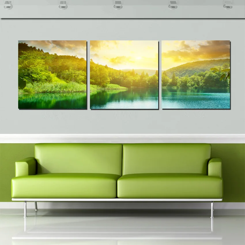 3 Panel Canvas Print Oil Painting Green Landscape Sunrise Lake View