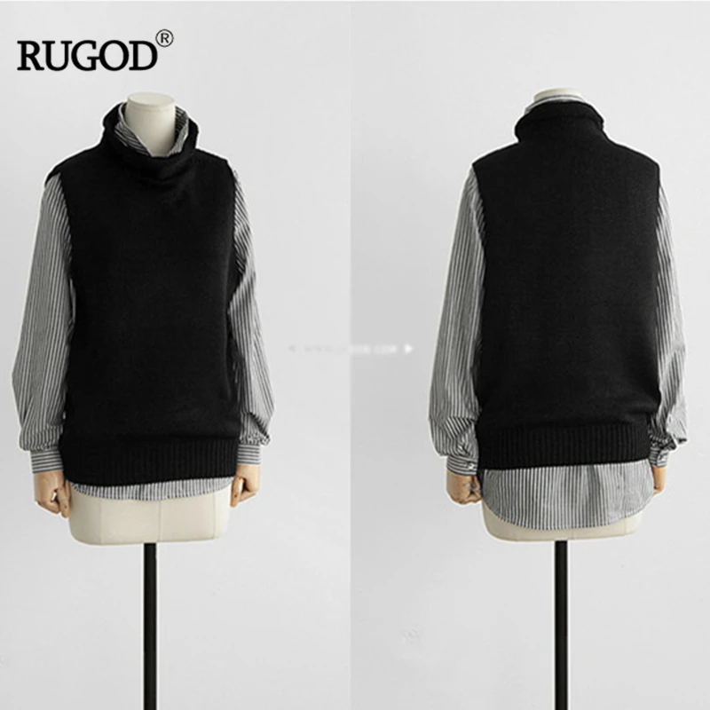 Skup RUGOD 2019 jesień zima golfem luźne kobiety kamizelka bez rękawów urząd Lady stałe wygodne koreański, dzianinowy chalecos para mujer