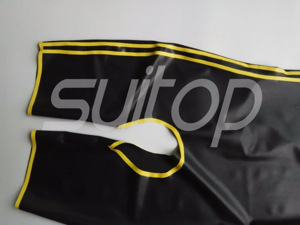 Wet Look Sexy Men Latex Catsuit rubber Bodysuit open ass (Black and yellow trim)