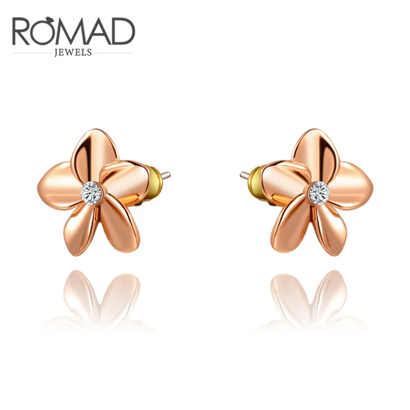 

ROXI ROMAD Brand Rose Gold Color Ear Stud Earrings For Women five-petaled Flower Genuine Austrian Crystal Earrings Gift