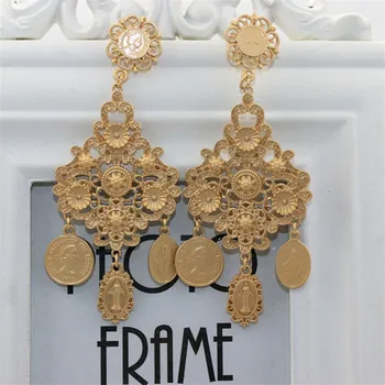 

Hot New Vintage Baroque Cross Men Head Coin Flower Earrings Golden Dangle Drop Earring For Charm Women Statement Jewelry Brinco