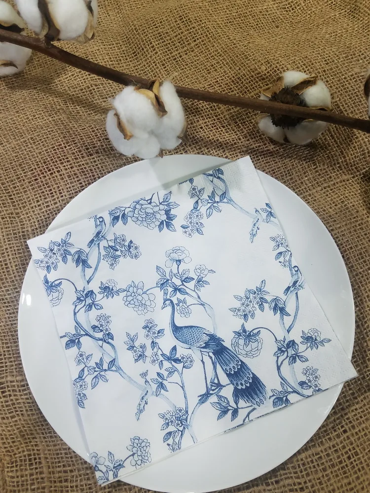 

20 vintage table napkin paper blue white tissue printed Peacock flower decoupage wedding party tissue towel decor serviettes
