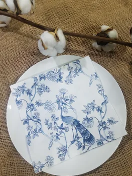 

20 vintage table napkin paper blue white tissue printed Peacock flower decoupage wedding party tissue towel decor serviettes