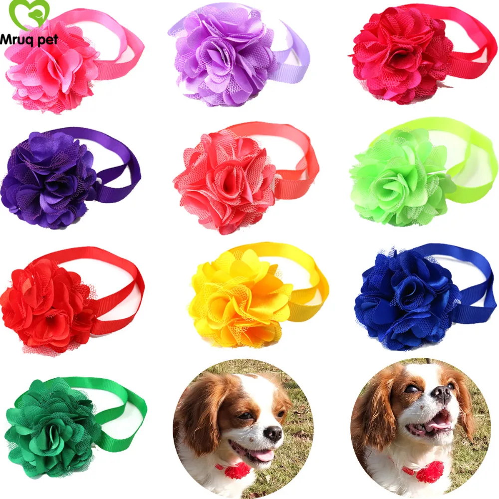 

100pcs New Pet Puppy Dog Cat Bow Ties Adjustable with Bright Color Chiffon Flower Ball Dog Bowties Dog Accessories Pet Supplies