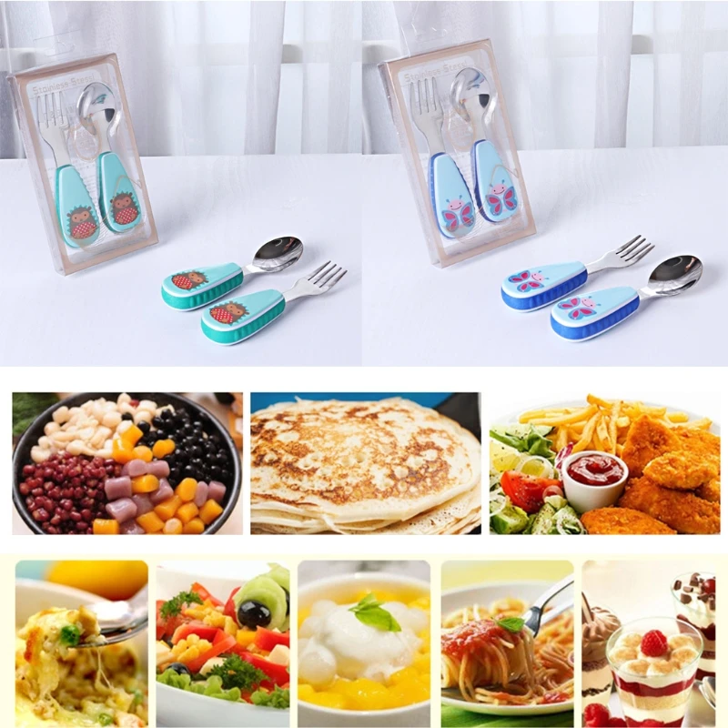 NEW 1 Set Baby Tableware Spoon Fork Stainless Steel Cartoon Dinner Dish Feeding Food NEW 1 Set Baby Tableware Spoon Fork Stainless Steel Cartoon Dinner Dish Feeding Food