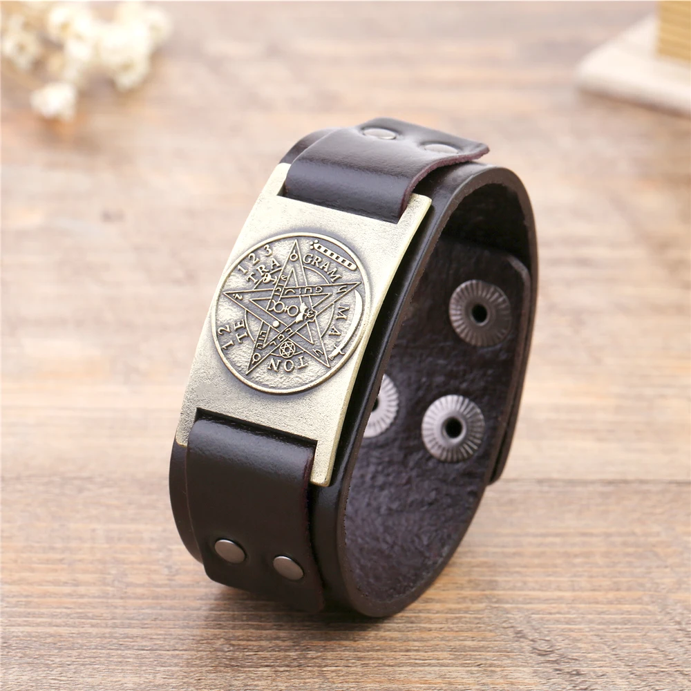 Leather Braided Bracelet Leather Bracelet My shape Tetragrammaton Pentacle Pentagram Leather Bracelet Bangles Men Gift Amulet Wiccan Talisman Pendants Vintage Jewelry