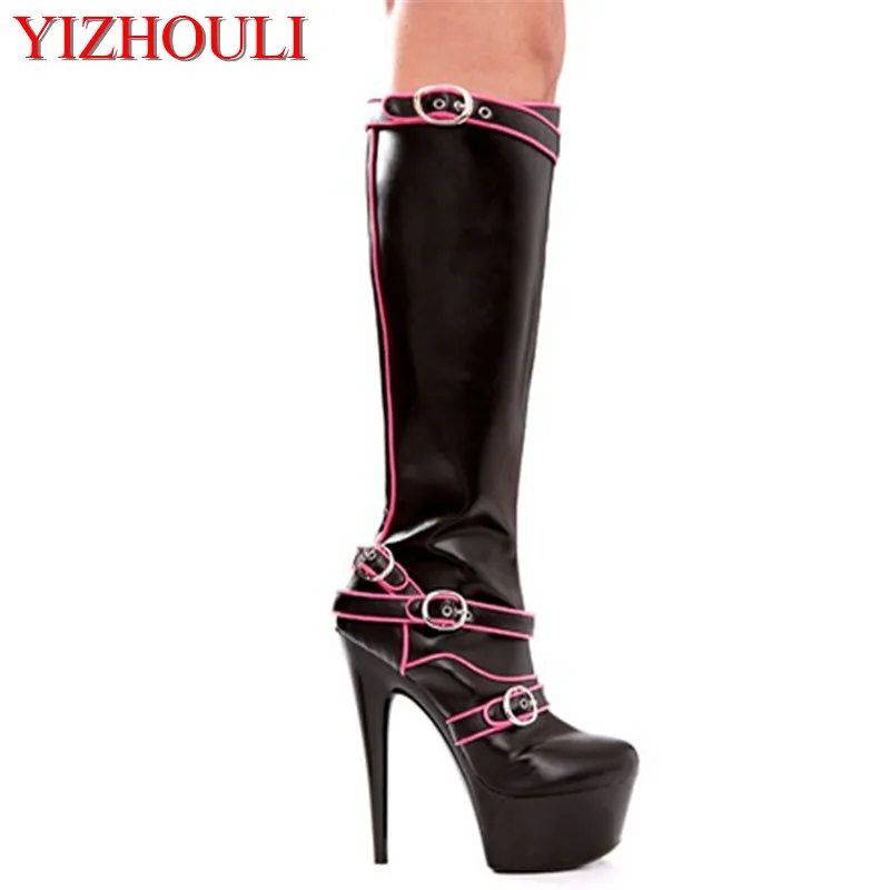 De 6 Ultra forme À Cm Du jambe Double Moyen Plate Hauteur Femmes Genou 15 Hasp Bottes Talon Noir Haute Talons Chaussures Pouce Sexy mwvnON80