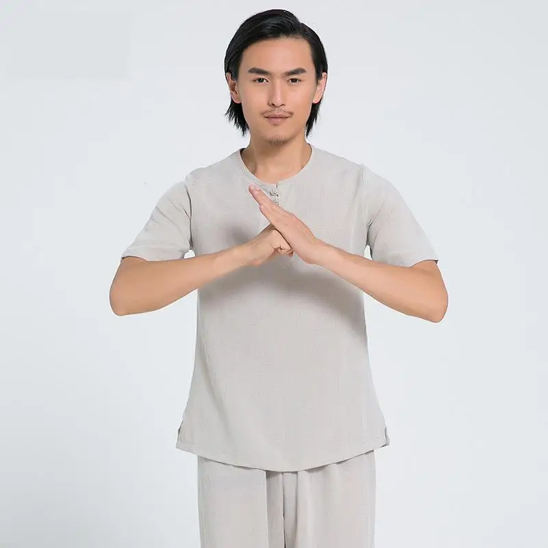 2019 демисезонный для мужчин сплошной Тай Chi Kung фу комплект китайский стиль Половина рукава монах Хан фу костюм свободные Лен медитация