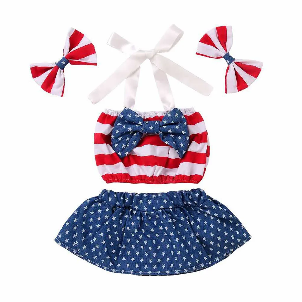 

Summer New Fashion Infant Baby 4th of July Star Patriotic Striped Bow Tops Shorts +Headband Outfits Wholesale Free Ship Z4