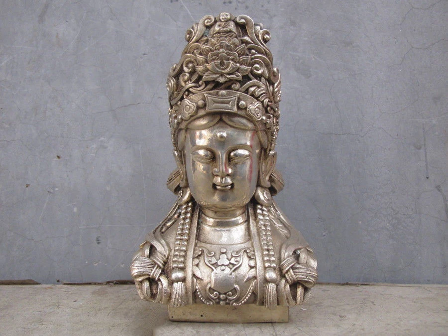 

China Buddhism White Bronze Silver Kwan-Yin Bodhisattva Buddha head statue
