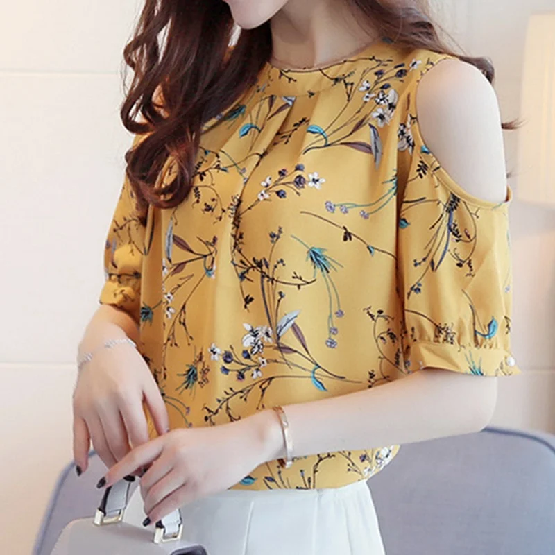 

Laamei 2019 Women Off Shoulder Short Sleeve Blouses Print Floral Chiffon Shirts Casual Ladies Clothing Female Blusas Women Tops