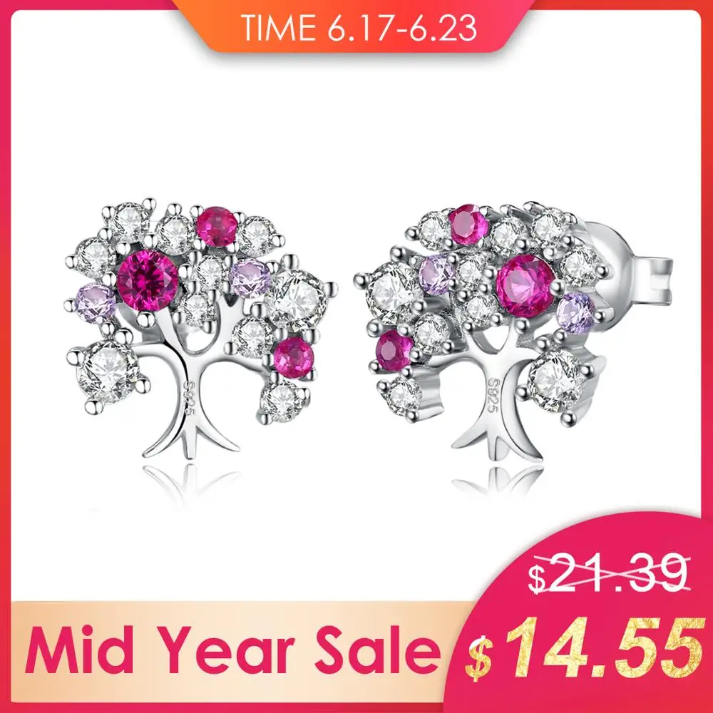 

JewelryPalace Stud Earrings Women 925 Sterling Silver July Birthstone Created Ruby Zirconia Tree Of Life 2019 Trendy Jewelry