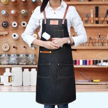 

Leather Korean black strap fashion cowboy aprons coffee shop hair work clothes denim logo print
