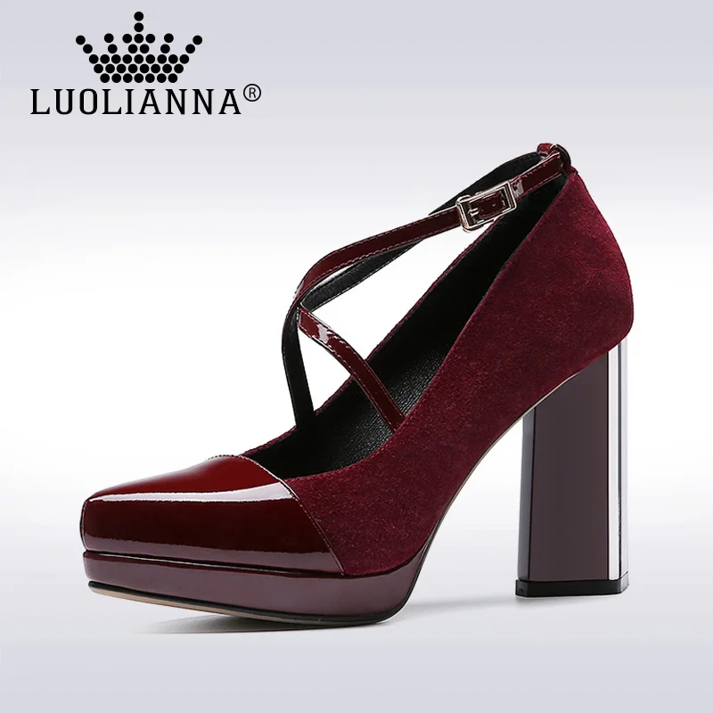 

Lady shoes High Heels Shoes Women Genuine Leather pumps Platform Shoes Ankle Strap Thick Heel Pumps Freeshipping LUOLIANNA