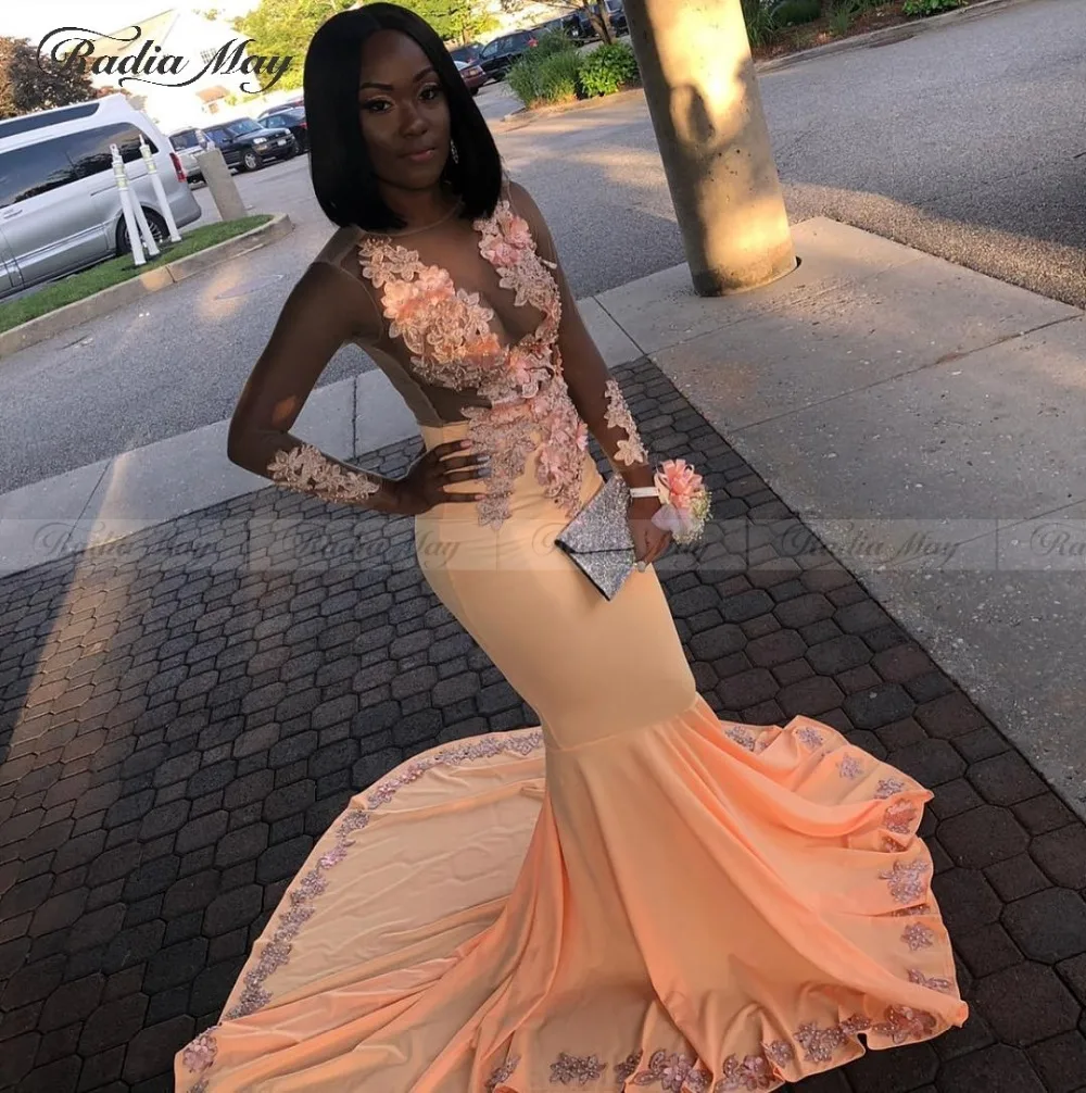 

2019 Elegant Orange Coral Long Sleeves Mermaid African Prom Dresses Plus Size Sheer Lace Applique 3D Floral Evening Formal Dress