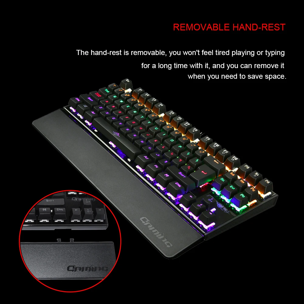 Механическая игровая клавиатура RedThunder с подсветкой и синими переключателями 87 клавиш, большая съемная подставка для рук для геймеров