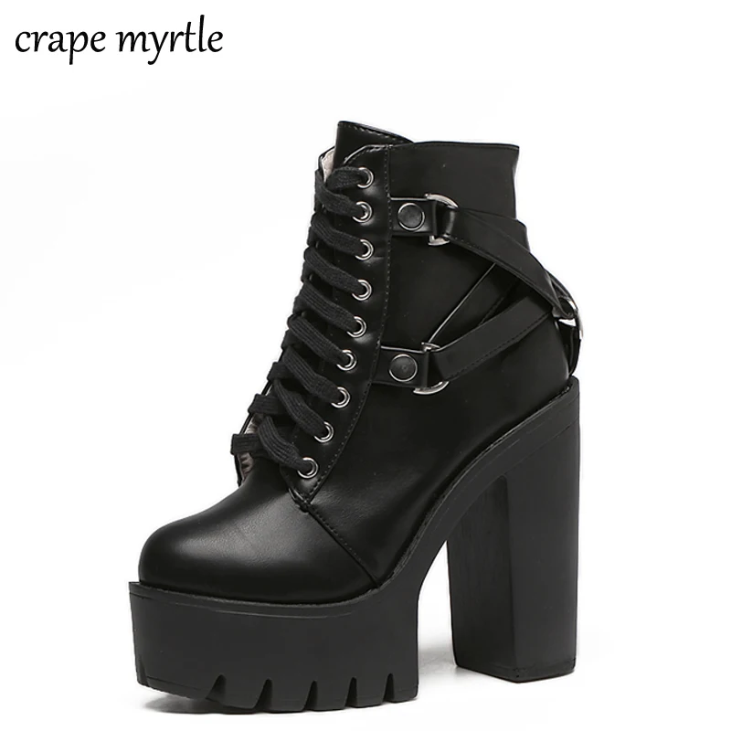 

Fashion snow Boots Women Heel Spring Autumn Lace-up Soft Leather Platform Shoes Woman Party Ankle Boots High Heels shoes YMA523