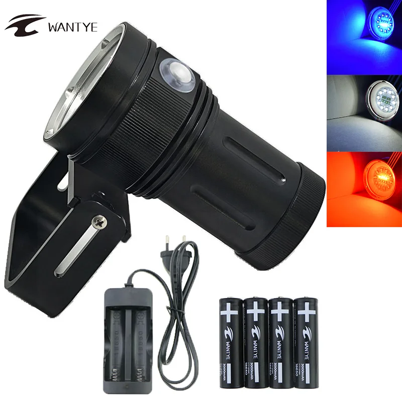 

Powerful Diving Flashlight Torch LED 10*XML L2+4 Red+4 UV Light Underwater 100M Video Diving Flash light Lamp Scuba Dive Light
