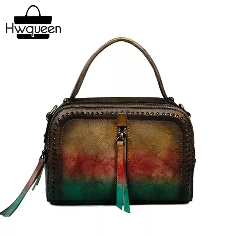 

Unique Hand Painting Colorful Designer Genuine Cow Leather Ladies Girls Shoulder Messenger Bag Studs Purse Female Small Handbag