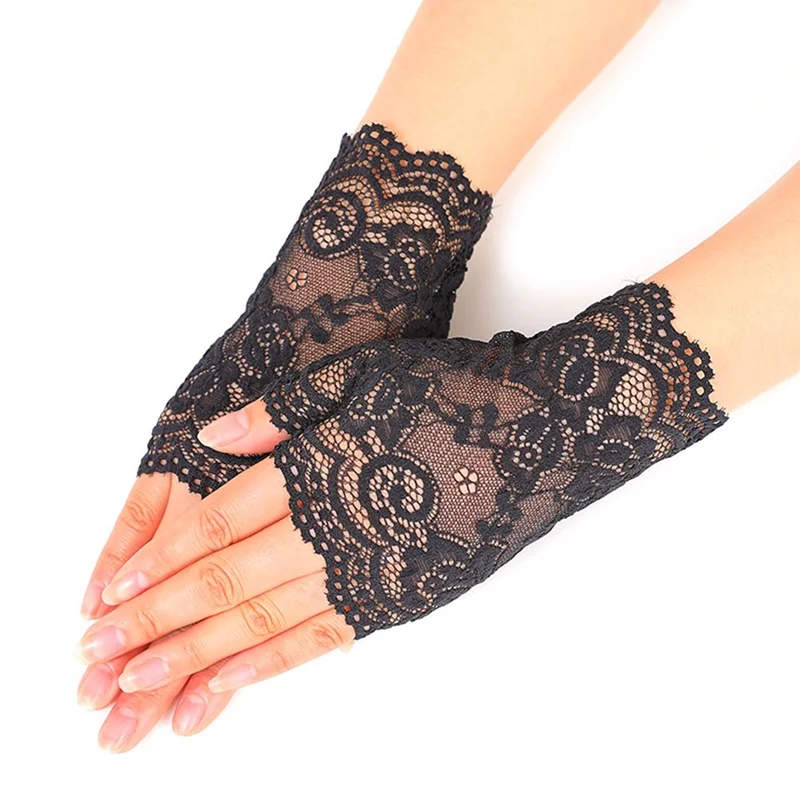 Womens Sexy Lace Gloves 2018 Winter White Black Ladies Half Finger