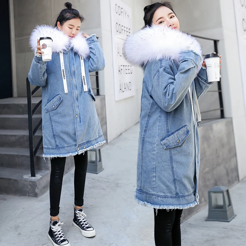 2018 New Warm Winter Bomber Women Hooded Coat Jeans Denim Jackets Thick Cotton Long Basic Ladies Top Windbreaker Female Large