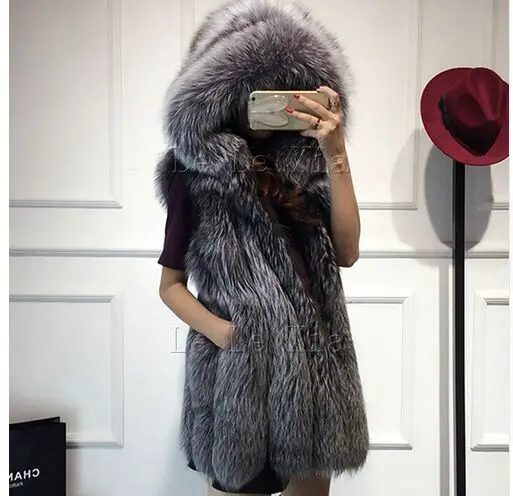 Argent Fourrure 2016 Nouveau Taille silver Imitation Color Plus Dames Red black À Capuchon Fox Renard Manteau De Printemps La Femmes Gilet fox WW8rfqI