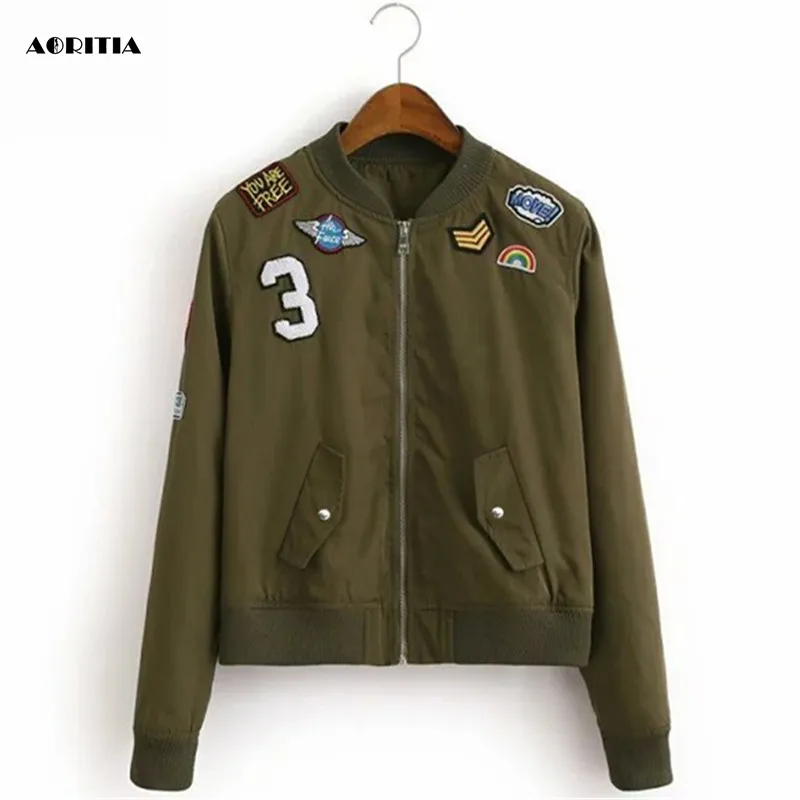 2016 Women Appliques Embroidery Bomber Jacket Long Sleeve Army Green
