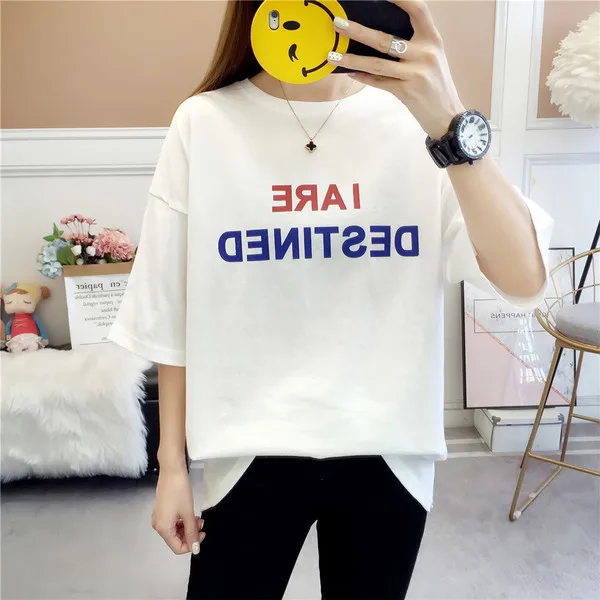 2019 новый летний корейский белый печатный короткий рукав Футболка Женская harajuku bf