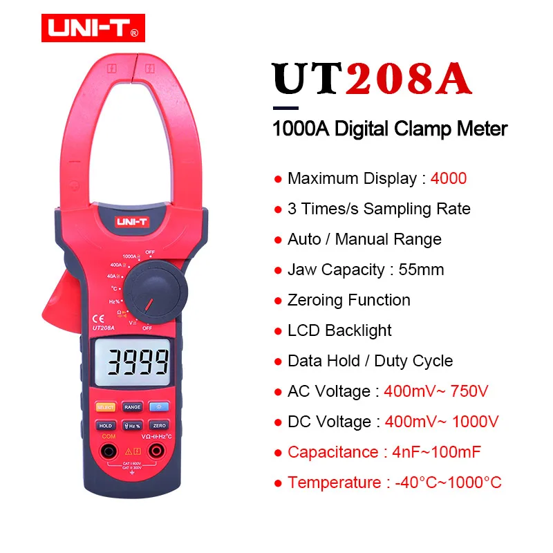 UT208A UNI-T UT207A/UT208A/UT209A промышленности 1000A цифровой клещи частота мера мультиметры Авто Диапазон Capactance сопротивление - Цвет: UT208A