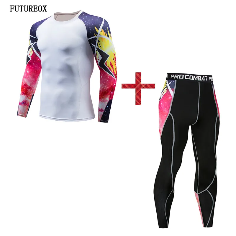 

New Compressed Shirt Trousers 3D Print Personality Lightning Men's Set Fitness Bodybuilding Perspiration Quick-drying Tops Gear